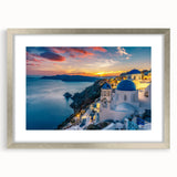 Extra large abstract art print of Santorini with textured design in silver frame, ideal for living room decor.