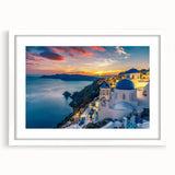 Textured art print of Santorini with abstract blue and white tones on a framed white mat, ideal for bedroom art.