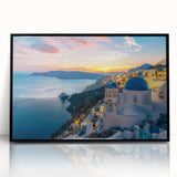 Large abstract wall art of Santorini, Greece in vibrant blue and white tones, framed in black acrylic.