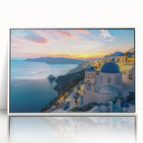 Mid-century modernist art depicting Santorini landscape in acrylic, with white frame, ideal for nursery wall art.