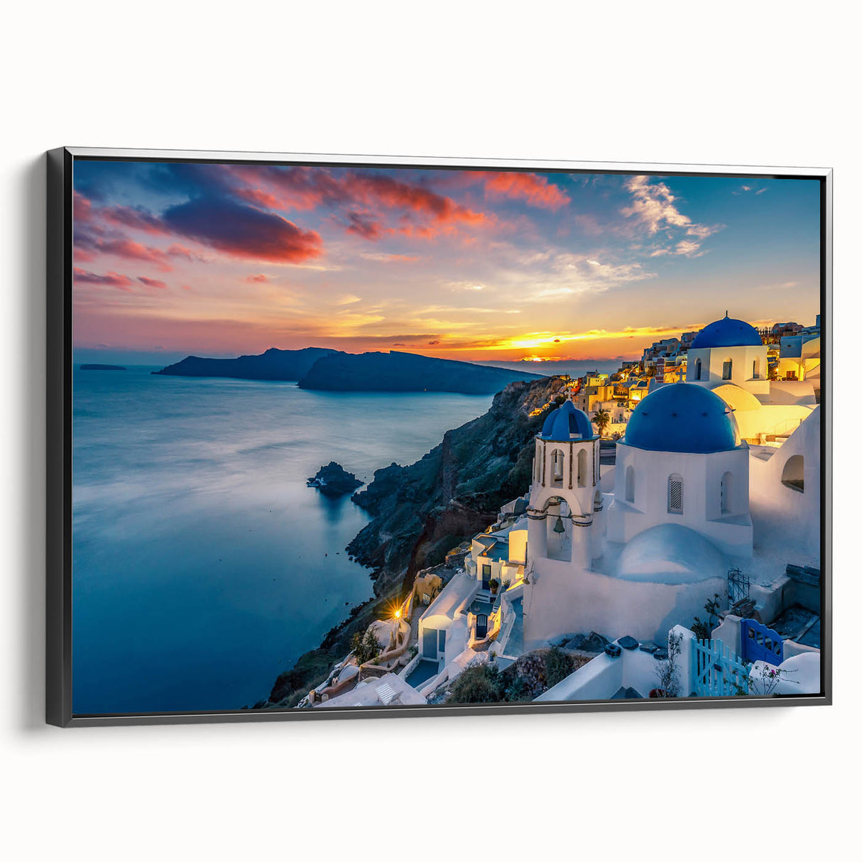 Black and white framed canvas of Santorini landscape, ideal for bedroom wall art with a vintage poster style.