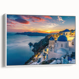 Vintage poster art of Santorini with vivid blue and white tones on a framed canvas, suitable for living room decor.