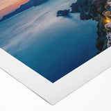 Art deco poster featuring a serene Santorini landscape in pastel hues on rolled canvas, suitable for dining room decor.