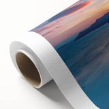 Art deco poster of Santorini landscape with blue and white tones on rolled canvas.