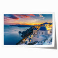 Rolled print of Santorini landscape with blue and white tones, ideal for dining room wall art.