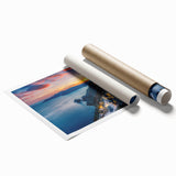 Rolled print of Santorini scenery with blue and white tones, ideal for classy bathroom wall art.