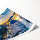 Extra large wall art featuring line art flowers over a scenic Santorini backdrop, printed on rolled canvas.