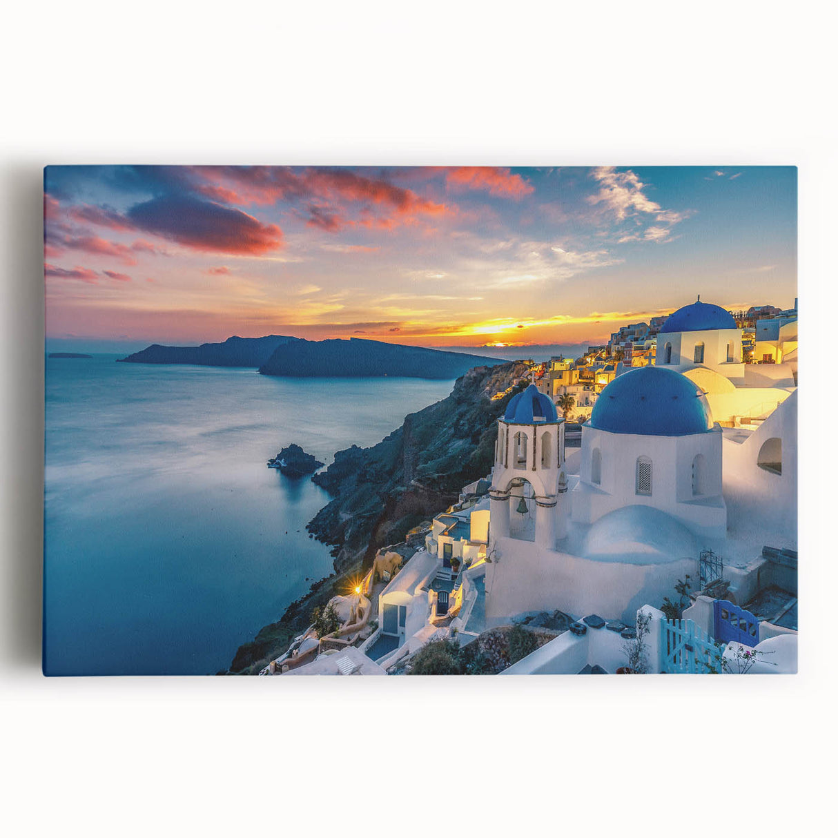 Black and white stretched canvas of Santorini, Greece, ideal for kitchen wall art.