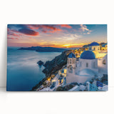 Black and white image of Santorini landscape on stretched canvas, ideal for kitchen wall art.