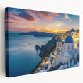 Side view of a large art canvas depicting the Santorini landscape in vibrant blue and white tones.