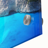 Mid-century modernist abstract of a European Greece scenery in vibrant blues and whites on acrylic glass.