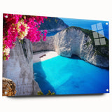 Acrylic print of a European Greek scenery, featuring vivid blue and white tones, ideal for dining room decor.