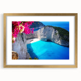 Abstract art print of a European Greek scenery in gold frame with mat, ideal for dining room decor.
