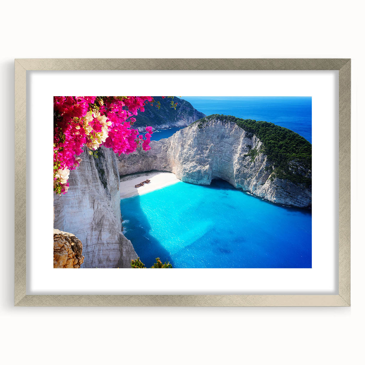 Extra large abstract art print of a European Greek landscape in muted earth tones, framed in silver.