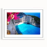Textured abstract art print of a European scenery in Greece, in pastel hues on a white framed canvas.
