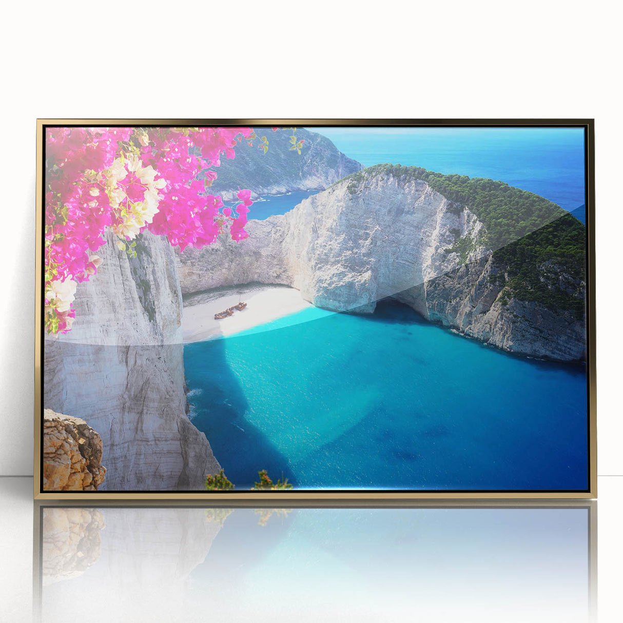Acrylic print of a European Greek scenery in gold frame, showcasing muted earth tones, ideal for modern art wall decor.