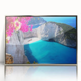 Large art print of a European Greek landscape in muted earth tones, framed in silver acrylic.