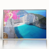 Mid-century modernist art depicting a serene Greek landscape in muted earth tones, framed acrylic.