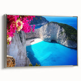 Framed canvas featuring a landscape art painting of a European Greek scenery in vibrant colors, ideal for living room decor.