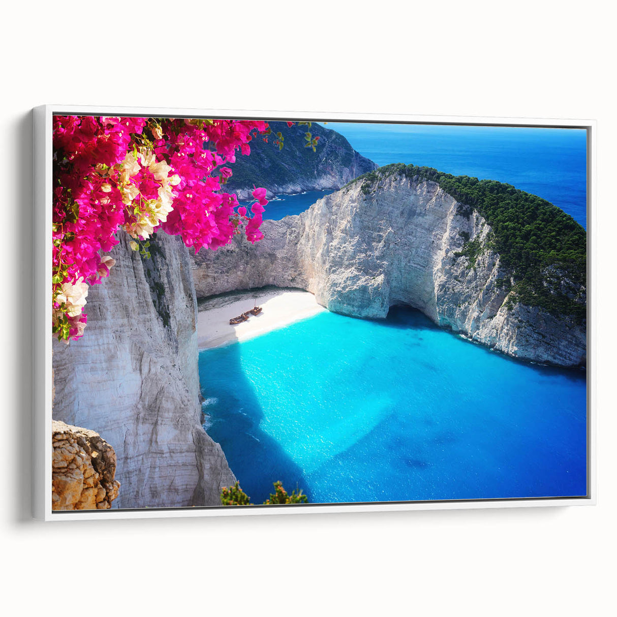 Vintage poster art of a scenic European Greek landscape in vibrant colors on a large framed canvas.
