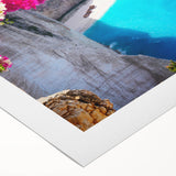 Art deco poster featuring a serene Greek landscape in muted blue and white tones on rolled canvas.