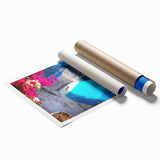 Extra large rolled print of a scenic Greek landscape with vibrant blues and whites, ideal for classy bathroom wall art.
