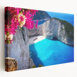 Large canvas print depicting a scenic Greek village with vibrant blue and white tones, ideal for kitchen wall art.