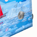 Large abstract wall art on acrylic glass depicting a Greenland scenery with icy blue and white tones.