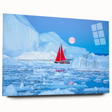 Large abstract wall art on acrylic glass depicting a serene Greenland landscape, ideal for bedroom or dining room decor.
