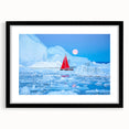 Extra large abstract art print of a vibrant, colorful Greenland landscape on textured canvas, framed in black.