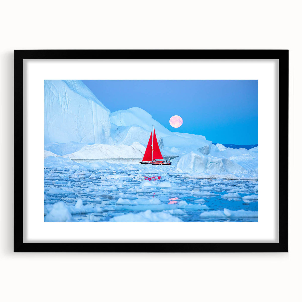 Extra large abstract art print of a vibrant, colorful Greenland landscape on textured canvas, framed in black.