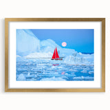 Abstract art print of a Greenlandic landscape in muted green and blue tones, framed in gold, ideal for dining room decor.