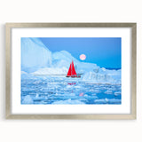 Extra large abstract art print of Greenland scenery in muted green and blue tones, framed with a silver mat.