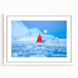 Textured abstract art print depicting a serene Greenland landscape in muted green and blue tones, framed with a white mat.