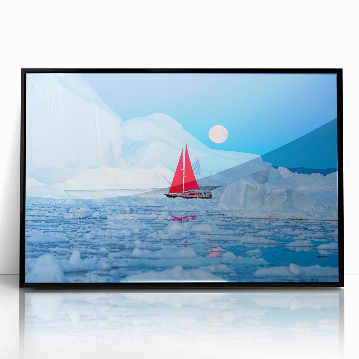 Large abstract wall art depicting a Greenlandic landscape in muted green and blue tones on a framed acrylic.