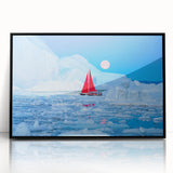 Large abstract wall art depicting a Greenlandic landscape in muted green and blue tones on a framed acrylic.