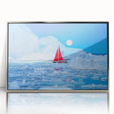 Large art print of a Greenland landscape on framed acrylic, in muted green and blue tones.