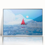 Mid-century modernist art depicting a Greenland landscape on a framed acrylic, in muted green and white tones.