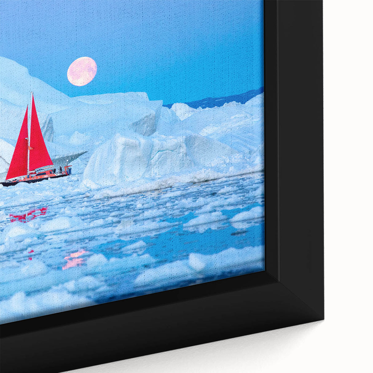 Close-up of textured black wall art featuring a vibrant, colorful European Greenland scenery on a framed canvas.