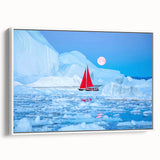 Vintage poster art of a Greenland scenery on framed canvas with vibrant green and blue tones, ideal for living room decor.