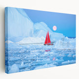 Side view of a stretched canvas featuring a serene Greenland landscape in muted green and blue tones.