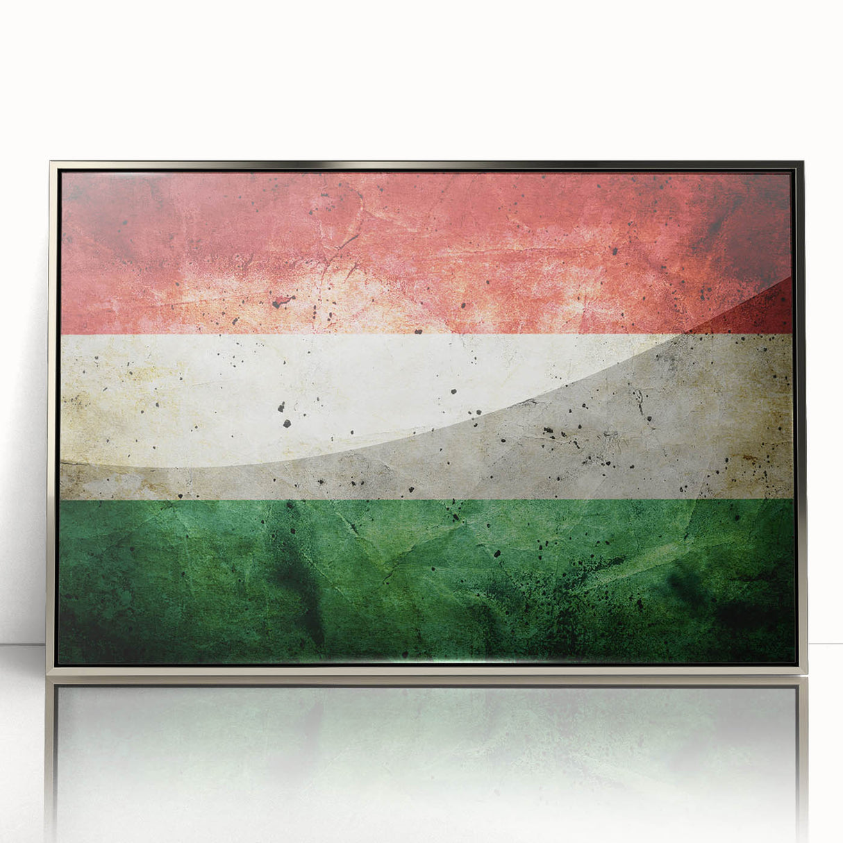 Large art print of a European scenery in Hungary, featuring mid-century modernist style and silver-framed acrylic.