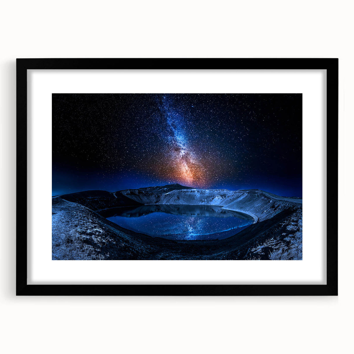 Extra large wall art featuring a colorful abstract print of a textured Icelandic scenery on a black framed canvas.