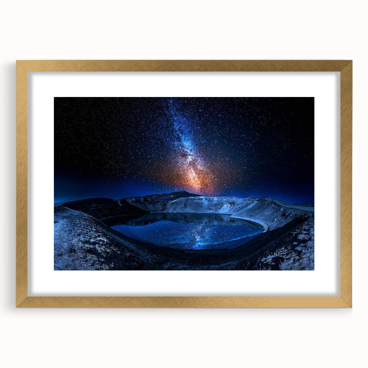 Abstract art print of a European Iceland scenery in muted blue and gray tones, framed in gold.