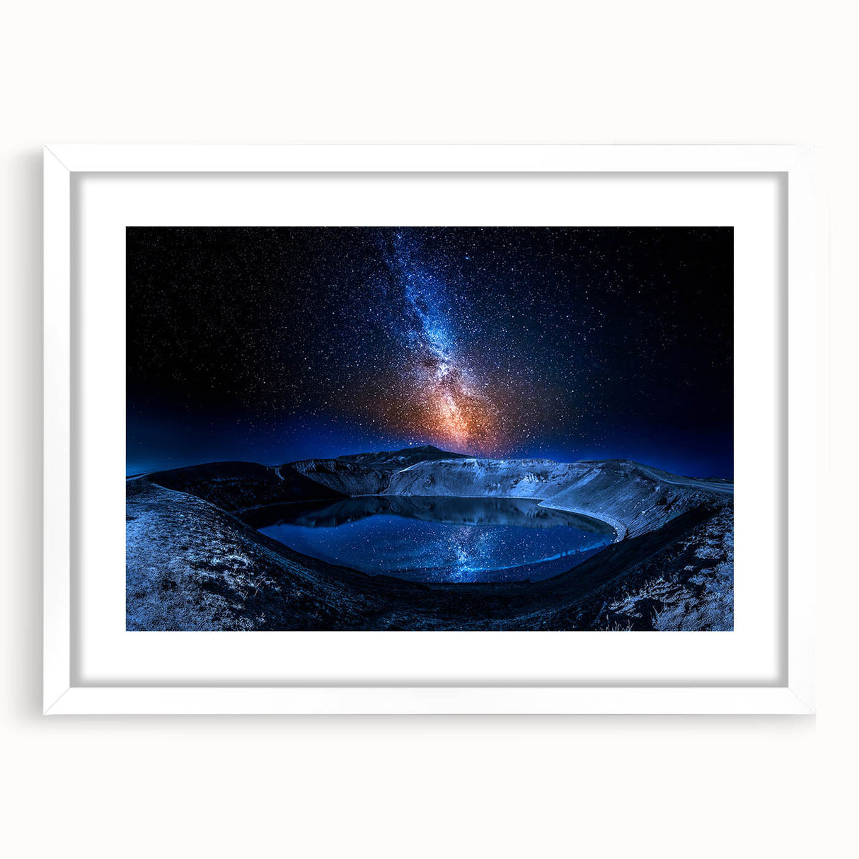 Textured abstract art print depicting Iceland scenery in muted blue and green tones, framed with a white mat.