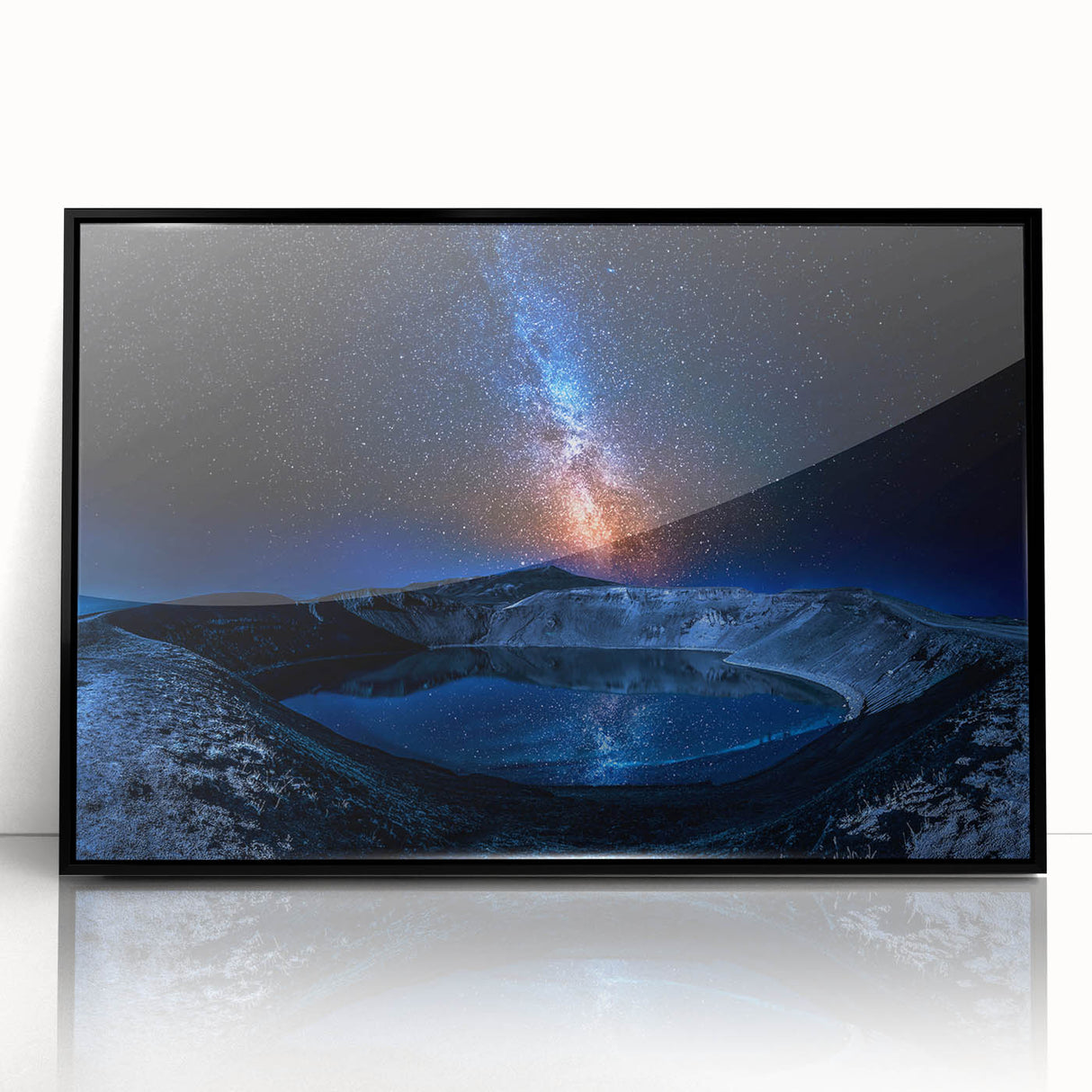Large abstract wall art depicting a scenic Icelandic landscape in muted gray and blue tones, framed in black acrylic.