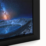 Extra large framed canvas featuring a textured depiction of a black Icelandic landscape with vibrant colorful accents.