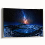 Framed canvas featuring a vintage-style landscape painting of Iceland with vivid colors on a black background.