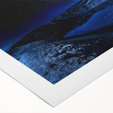 Art deco poster of an Icelandic landscape in muted blue and gray tones on rolled canvas, ideal for dining room wall art.