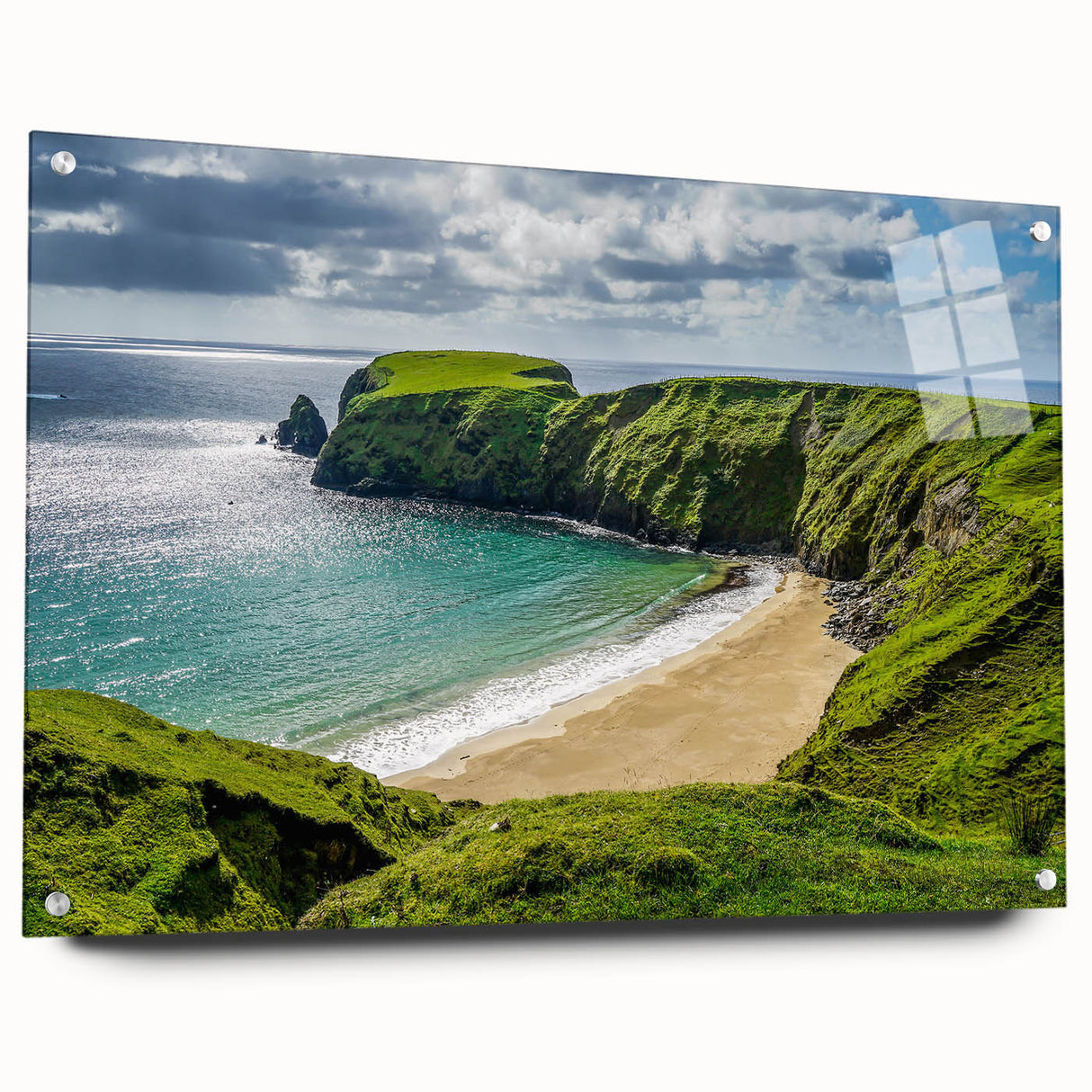 Acrylic print of a serene Irish landscape in muted green and blue tones, ideal for bedroom or dining room decor.
